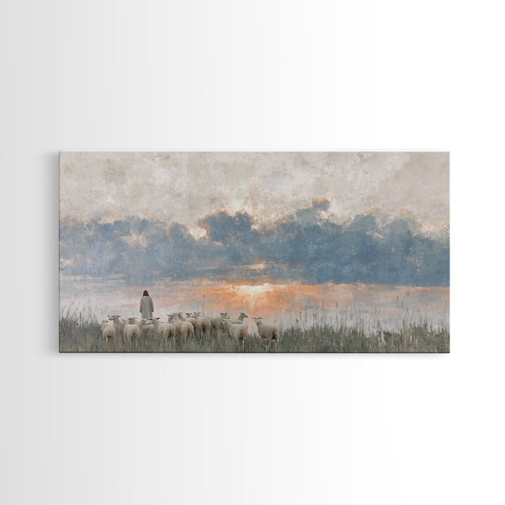 Dawn Of The Flock – Framed Canvas Print – Vintage Christian Art – Christian Wall Art – Christian Art Canvas – Jesus Painting – Christian Ch