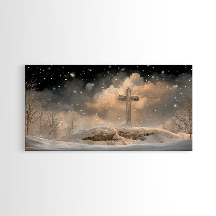 Midnight Bethlehem Glow – Framed Canvas Print – Christian Christmas Art – Christian Wall Art – Christian Art Canvas – Christmas Wall Art –