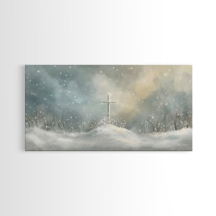 Frosted Cross Light – Framed Canvas Print – Christian Art Canvas – Minimalist Christian Art – Christian Wall Art – Subtle Christian Art – C