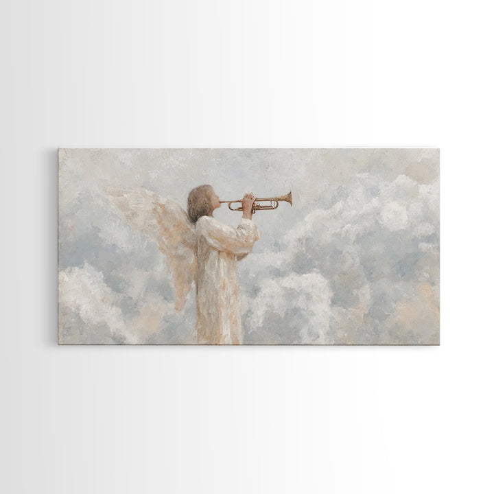 Soft Trumpet Grace, Framed Canvas Print, Christian Wall Art, Christian Christmas Art, Christian Art Canvas, Christmas Art, Christian Art