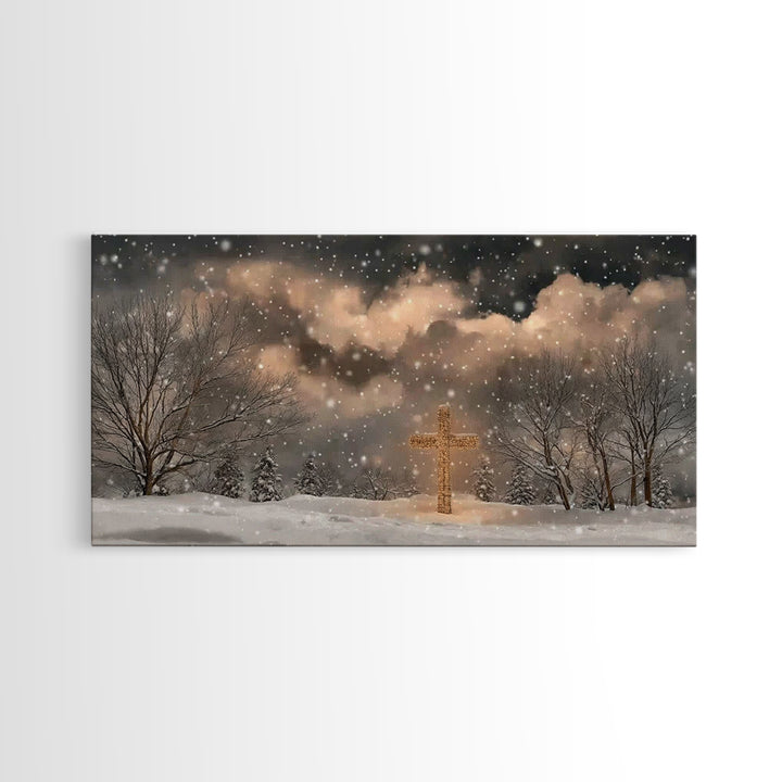 Snowbound Grace – Framed Canvas Print – Christmas Wall Art – Christian Art Canvas – Moody Christmas Art – Christian Painting