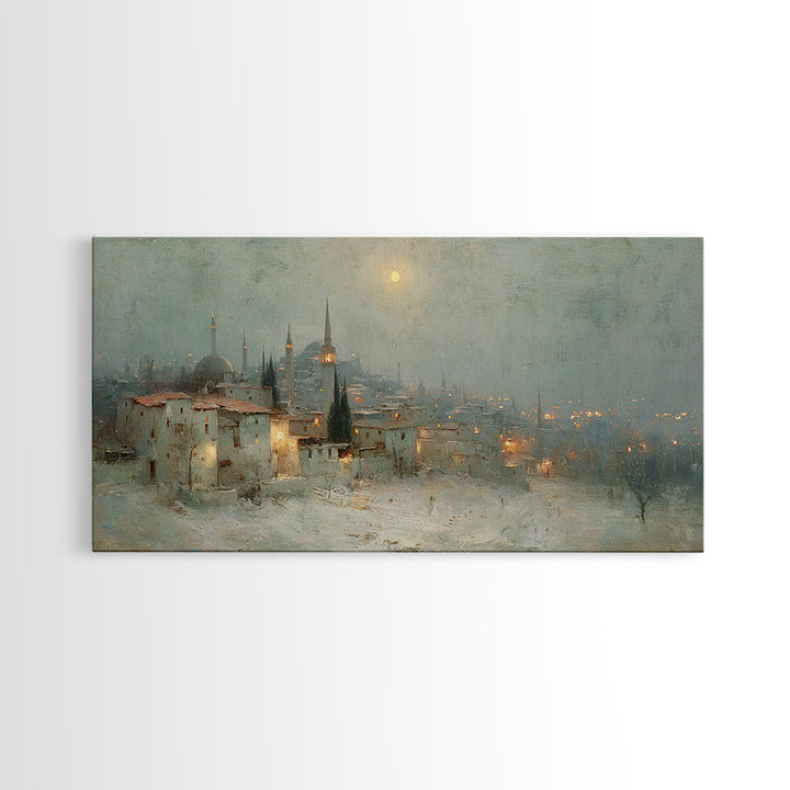 Winter Holy Town | Framed Canvas Print | Christmas Wall Art | Christian Art Canvas | Moody Christmas Art | Christian Art Print | Vintage Ch