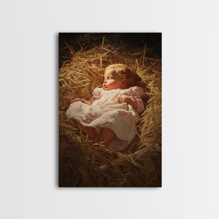 Silent Straw Light, Framed Canvas Print, Christian Art Canvas, Christmas Wall Art, Jesus Painting Canvas, Christian Christmas Art, Christia