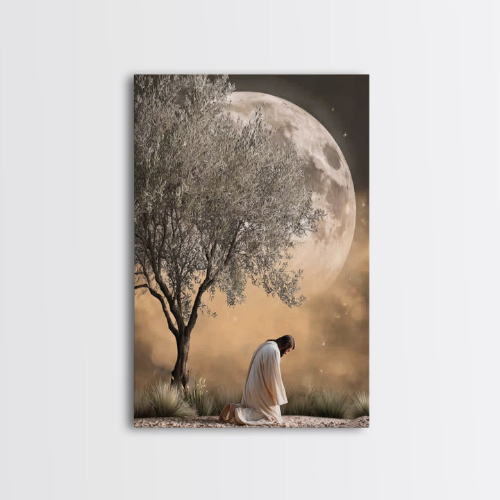 Moonlit Supplication, Framed Canvas Print, Jesus Canvas Art, Christian Wall Art, Modern Christian Art, Christian Art Canvas, Christian Gift