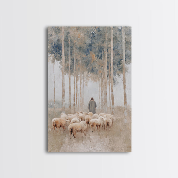 Woodland Shepherd Light – Framed Canvas Print – Christian Art Canvas – Christian Wall Art – Modern Christian Painting – Pastoral Scenery –