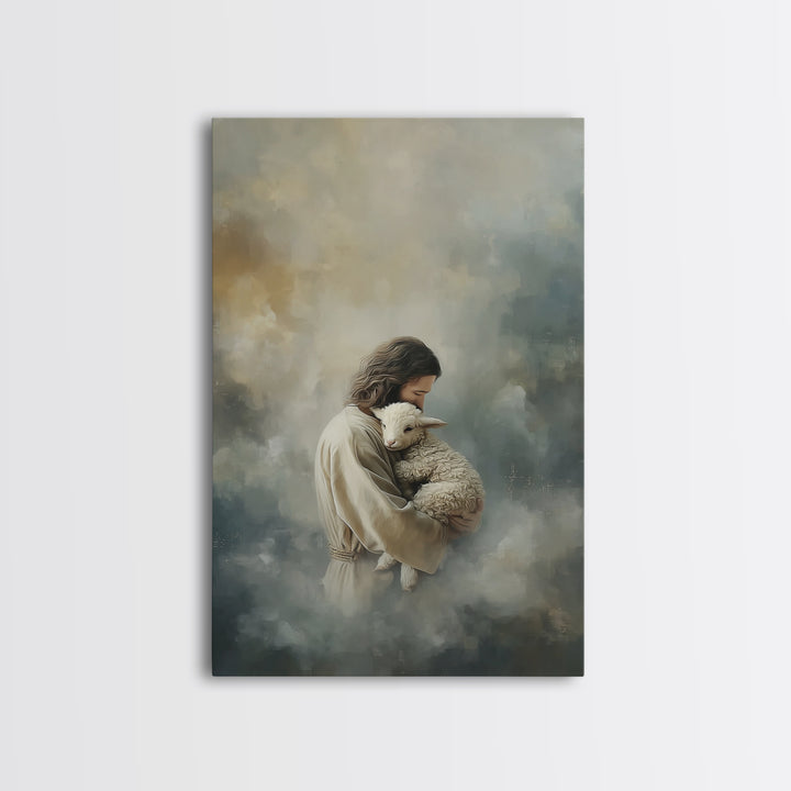 Arms Of The Shepherd – Framed Canvas Print – Jesus Painting – Christian Art Canvas – Christian Wall Art – Christian Christmas Art – Subtle