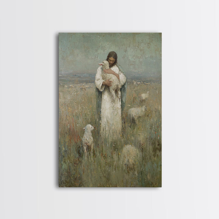 Gentle Shepherd Light, Framed Canvas Print, Christian Wall Art, Jesus Painting, Christian Art Canvas, Christian Gift Ideas, Vintage Christi