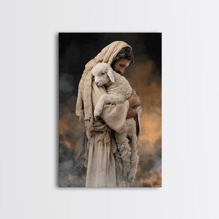 Tender Lamb Embrace, Framed Canvas Print, Jesus Painting, Christian Art Print, Christian Wall Art, Large Christian Painting, Christian Deco