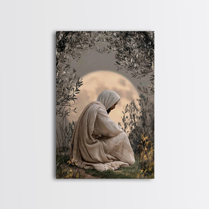 Moonlit Devotion, Framed Canvas Print, Christian Wall Art, Jesus Painting, Moody Christian Art, Christian Art Canvas, Christian Decoration