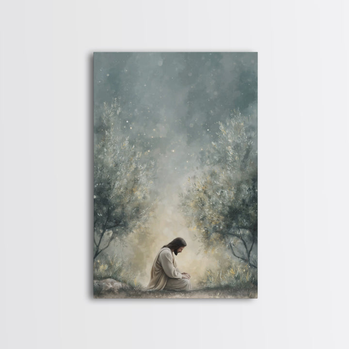 Olive Grove Reverence, Framed Canvas Print, Christian Art Canvas, Subtle Christian Art, Christian Wall Art, Jesus Painting, Christian Gift