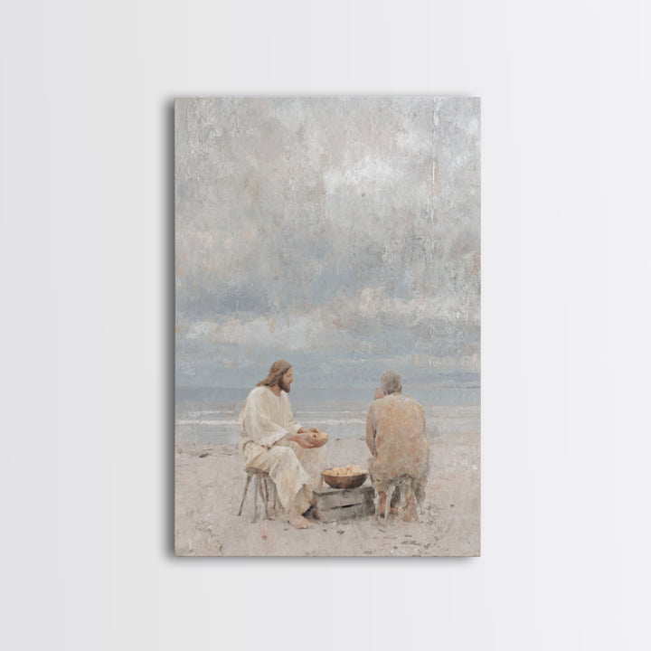 Shoreline Quiet Bread, Framed Canvas Print, Jesus Painting, Christian Wall Art, Christian Art Canvas, Christian Decor, Minimalist Christian
