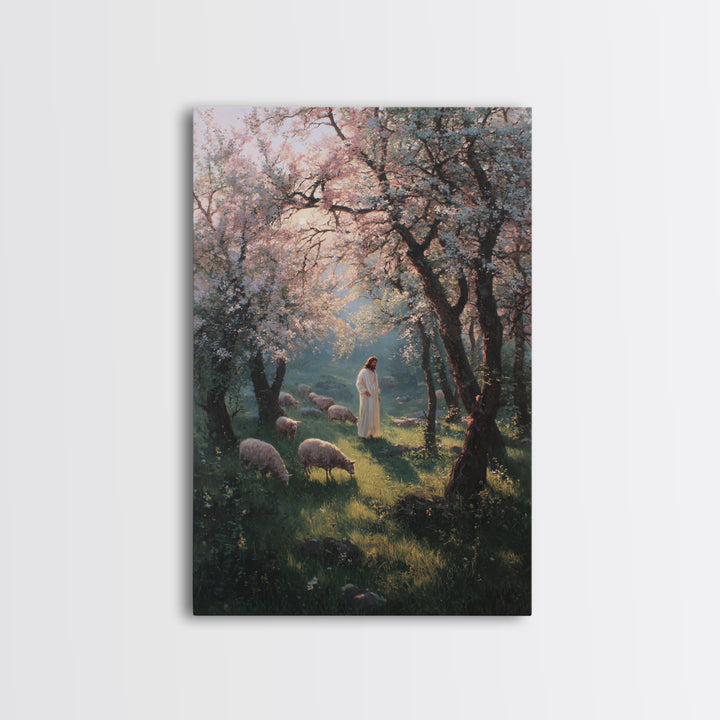 Spring Shepherd Path | Framed Canvas Print | Christian Art Canvas | Christian Wall Art | Jesus Painting | Christian Decor | Pastoral Scener