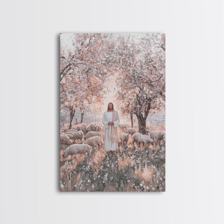 Garden Blossom Shepherd – Framed Canvas Print – Christian Wall Art – Christian Art Canvas – Jesus Painting – Christian Decor – Pastoral Sce