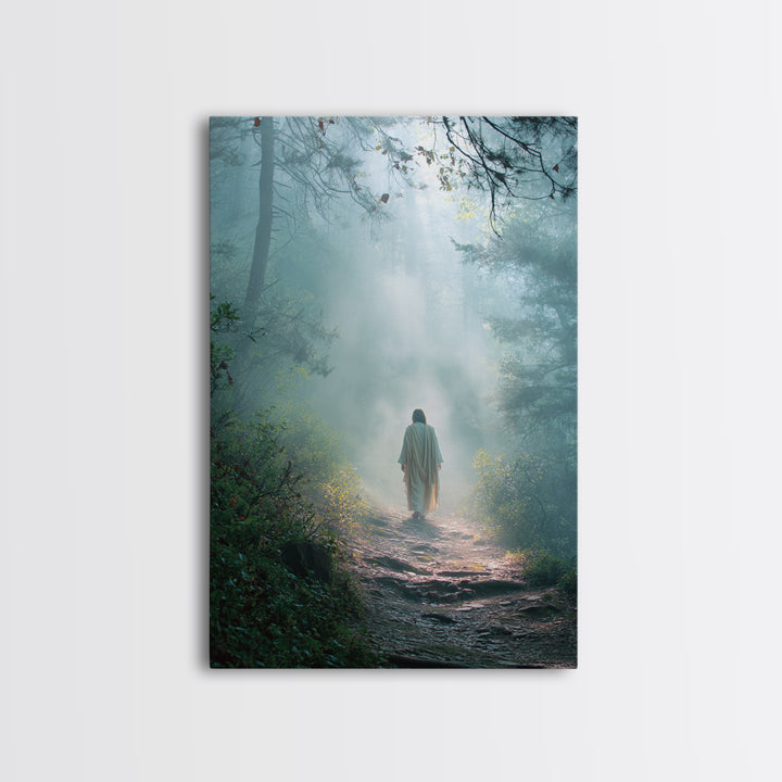 Forest Dawn Walk – Framed Canvas Print – Christian Wall Art – Christian Art Canvas – Jesus Painting – Moody Christian Art – Christian Decor