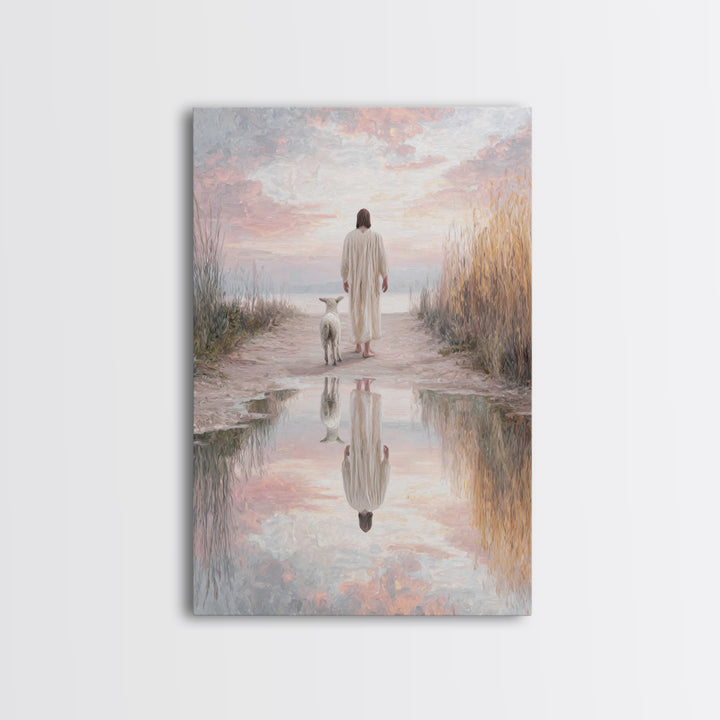 Misty Shepherd Calm, Framed Canvas Print, Christian Wall Art, Jesus Canvas Art, Minimalist Christian Art, Subtle Christian Paintings, Chris