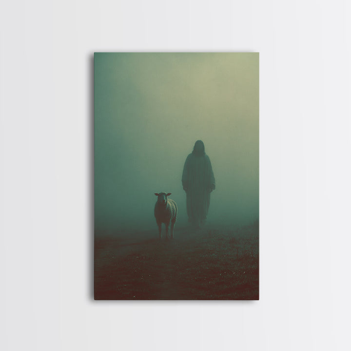 Shepherd In Mist – Framed Canvas Print – Christian Wall Art – Jesus Painting – Moody Christian Art – Christian Art Canvas – Christmas Art