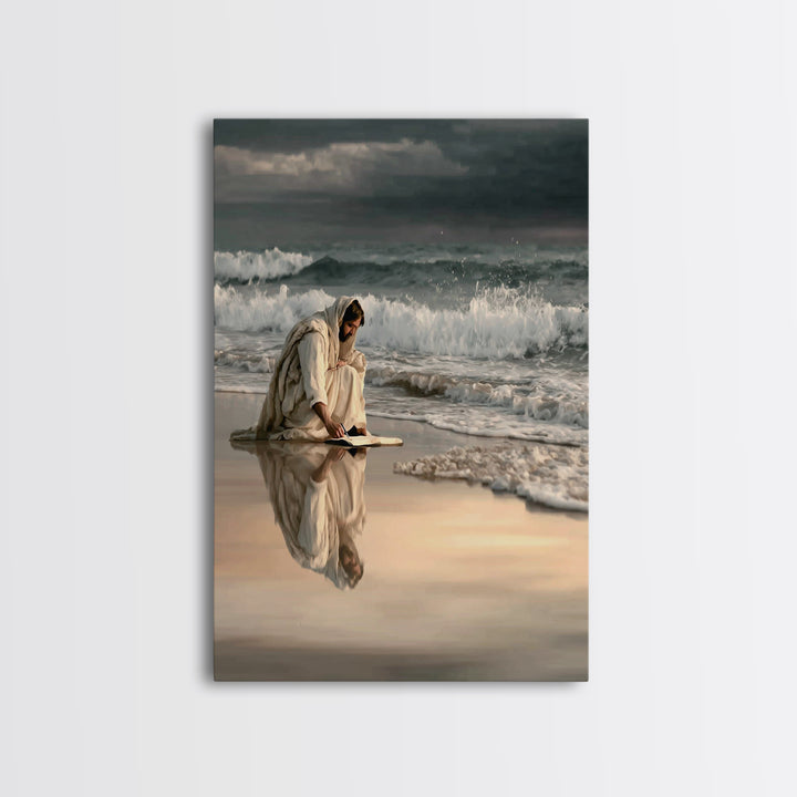 Shoreline Of Rest, Framed Canvas Print, Christian Wall Art, Jesus Painting, Christian Art Canvas, Moody Christian Art, Large Jesus Painting