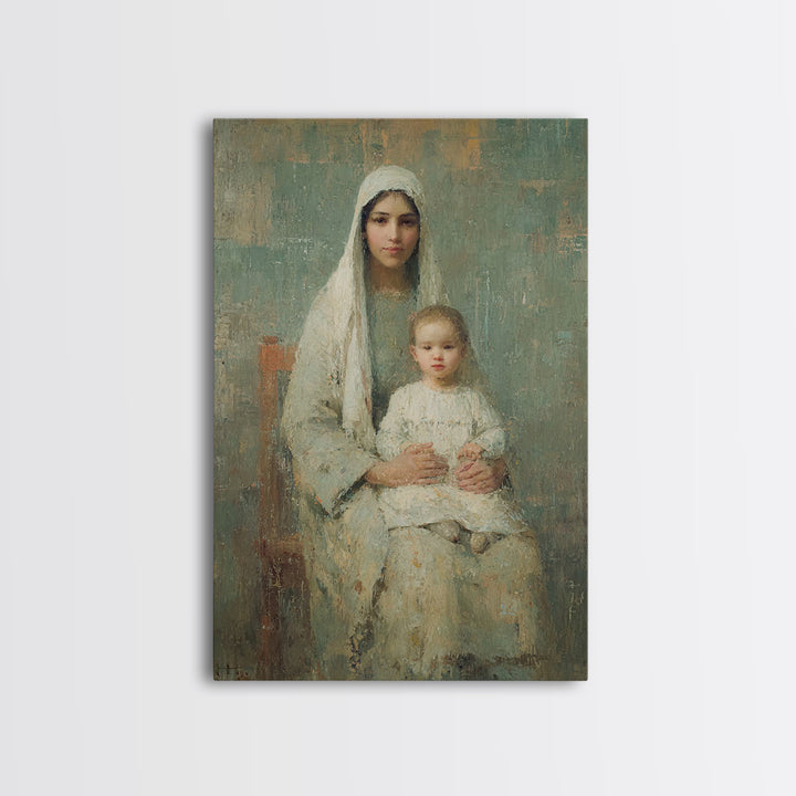 Serene Motherhood, Framed Canvas Print, Christian Wall Art, Christian Art Canvas, Mary And Jesus Painting, Subtle Christian Art, Christian