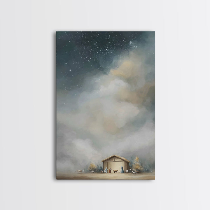 Starry Holy Night – Framed Canvas Print – Christmas Art – Christian Christmas Art – Framed Christmas Wall Art – Christian Decorations
