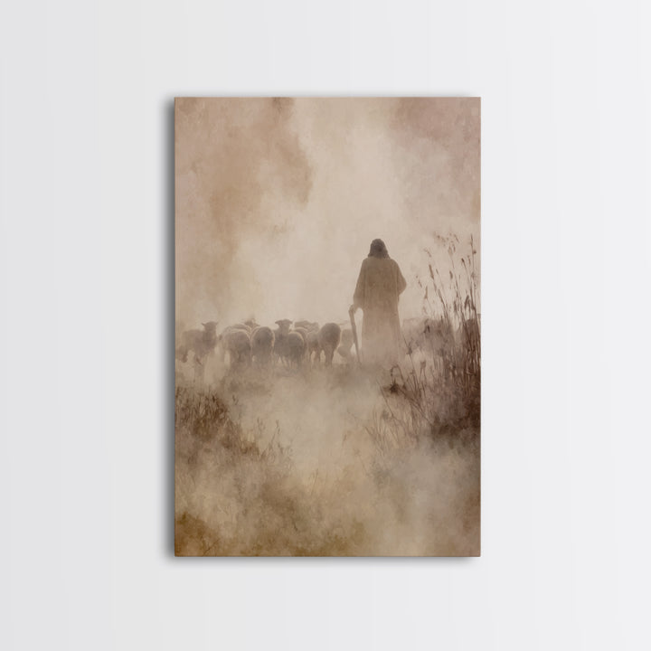 Guiding Shepherd Glow – Framed Canvas Print – Christian Art Work – Jesus Art Print – Christian Wall Art – Minimalist Christian Art