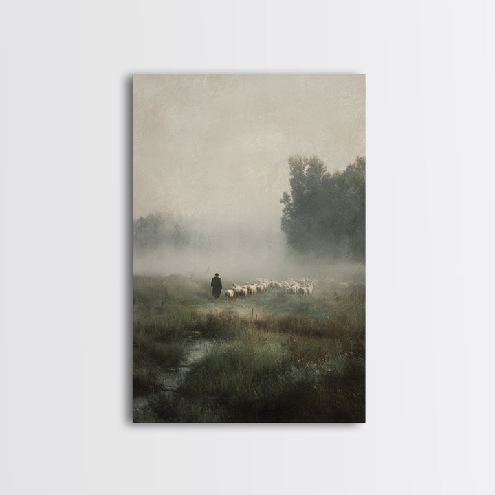 Misty Shepherd Path - Framed Canvas Print - Christian Wall Art - Jesus Painting - Pastoral Scenery - Christian Art Canvas - Faith Art