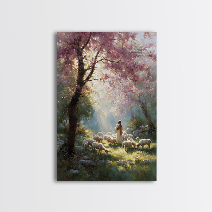Springtime Shepherd - Framed Canvas Print - Christian Art Canvas - Christian Wall Art - Jesus Painting - Floral Christian Art - Christian D