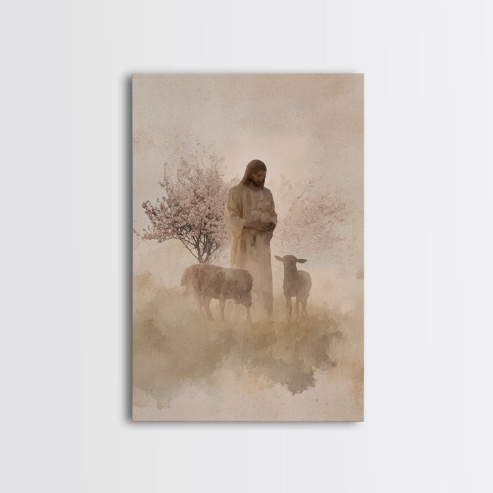 Soft Shepherd Glow - Framed Canvas Print - Christian Art Canvas - Christian Wall Art - Jesus Painting - Minimalist Christian Art - Faith Ar