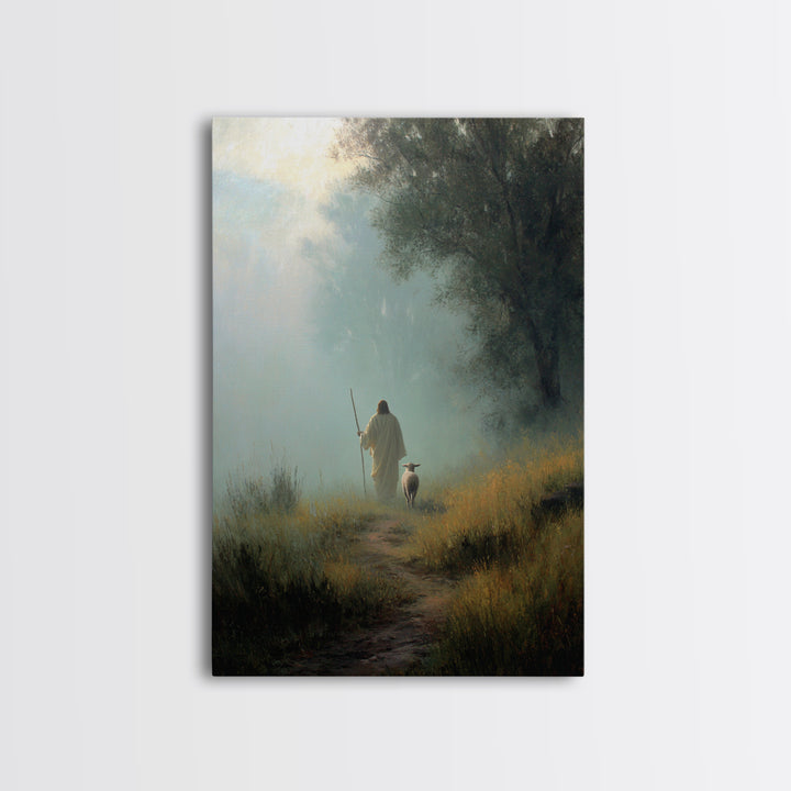 Misty Guide – Framed Canvas Print – Christian Art Canvas – Christian Wall Art – Jesus Painting – Pastoral Scenery – Christian Gift