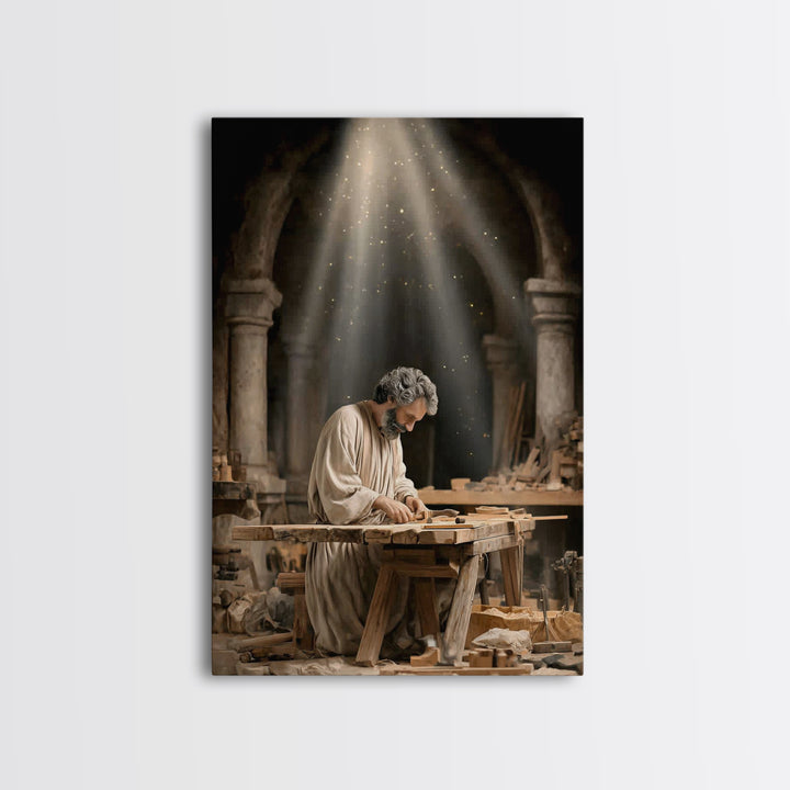 Humble Workshop Light, Framed Canvas Print, Christian Art Canvas, Jesus Painting, Christian Wall Art, Christian Decor, Christmas Art