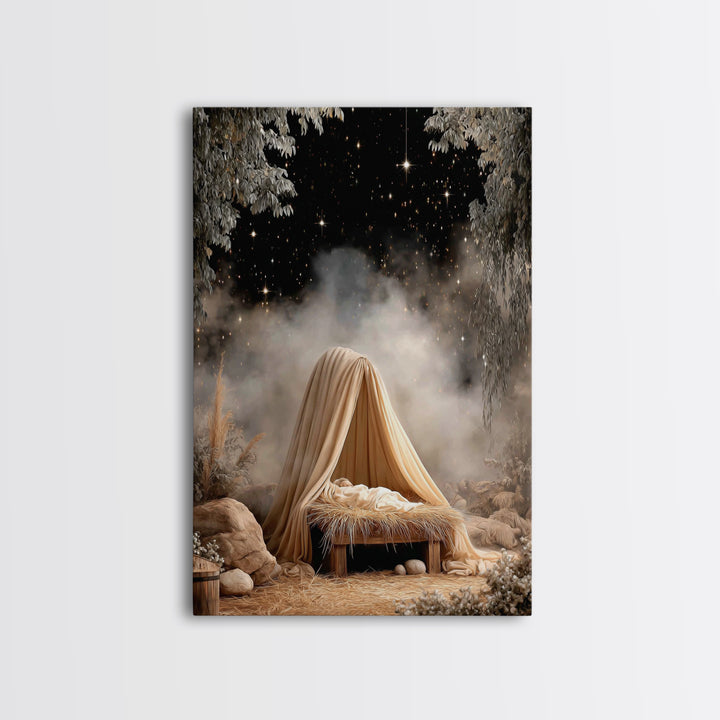Guiding Star Cradle – Framed Canvas Print – Christian Wall Art – Jesus Painting – Christmas Art – Christian Christmas Decor – Christian Art