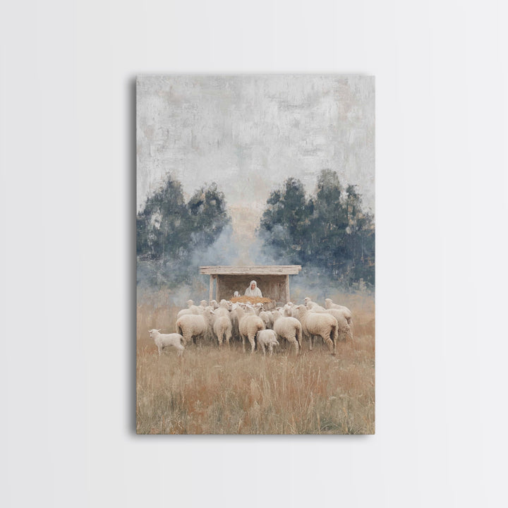 Flock Of Grace – Framed Canvas Print – Christian Christmas Art – Jesus Painting – Christian Wall Art – Christmas Canvas Wall Art – Christia