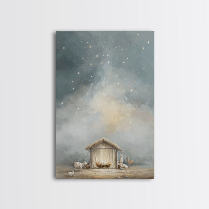 Heavenly Night Shelter – Framed Canvas Print – Christian Wall Art – Christian Christmas Art – Jesus Painting – Modern Christian Art – Chris