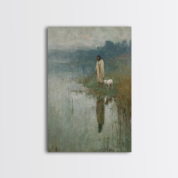 Gentle Lake Shepherd – Framed Canvas Print – Christian Art Canvas – Jesus Painting – Christian Wall Art – Vintage Christian Art – Christian