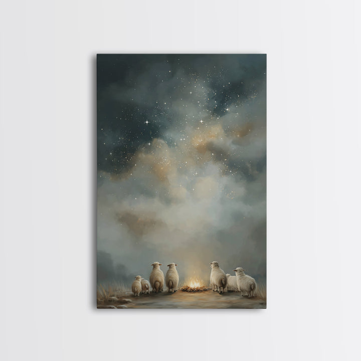 Starry Night Flock – Framed Canvas Print – Christmas Art – Christian Art Canvas – Christian Wall Art – Folk Art Christmas – Christian Chris