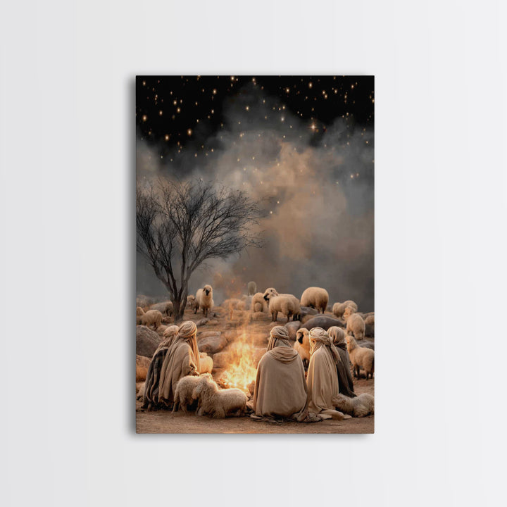 Shepherds By Fire – Framed Canvas Print – Christian Christmas Art – Christian Art Canvas – Christmas Wall Art – Christian Art – Vintage Chr
