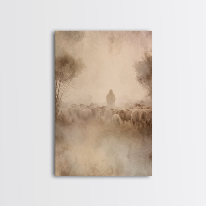 Shepherd’s Dawn – Framed Canvas Print – Christian Wall Art – Jesus Painting – Christian Art Canvas – Pastoral Scenery – Christian Christmas