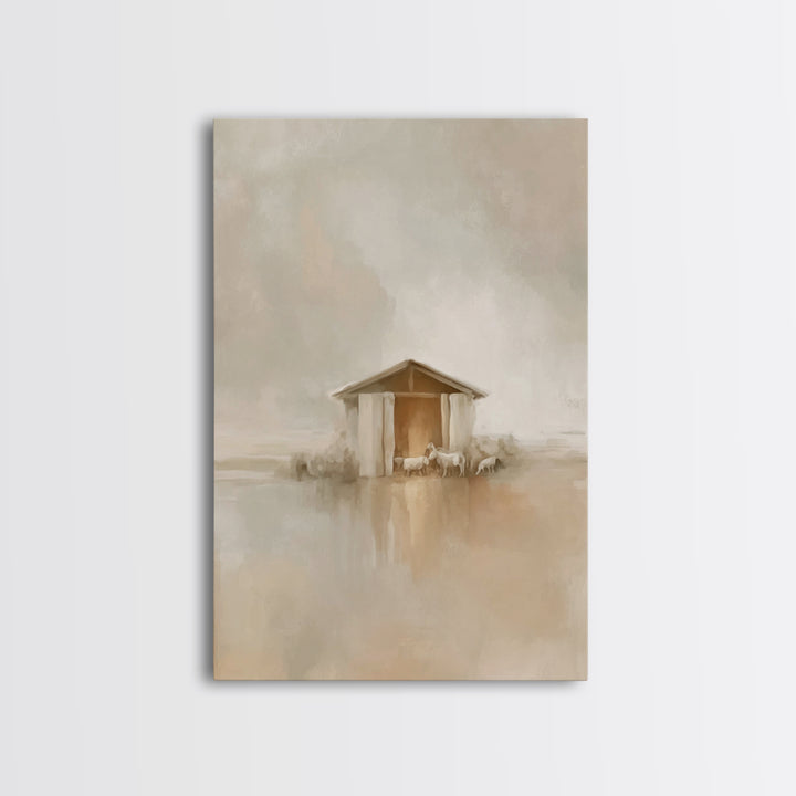 Quiet Manger Light, Framed Canvas Print, Christmas Wall Art, Christian Art Print, Minimalist Christian Art, Christian Christmas Art, Christ