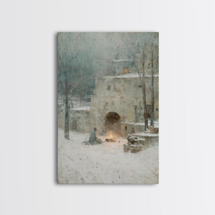 Warm Vigil Night – Framed Canvas Print – Christian Art – Christmas Art – Moody Christmas Art – Christian Wall Art – Christian Art Gift