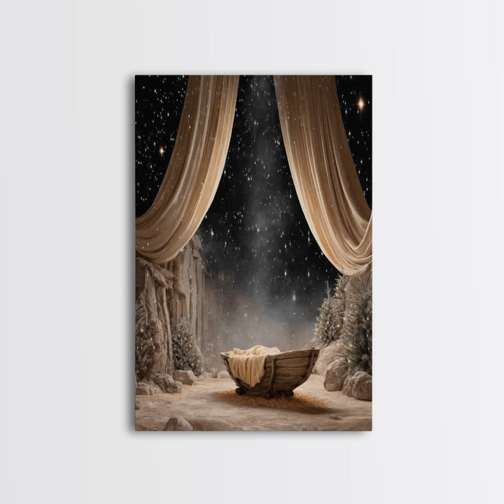Starry Night Cradle | Framed Canvas Print | Christmas Wall Art | Christian Christmas Art | Christmas Canvas Wall Art | Framed Christmas Art