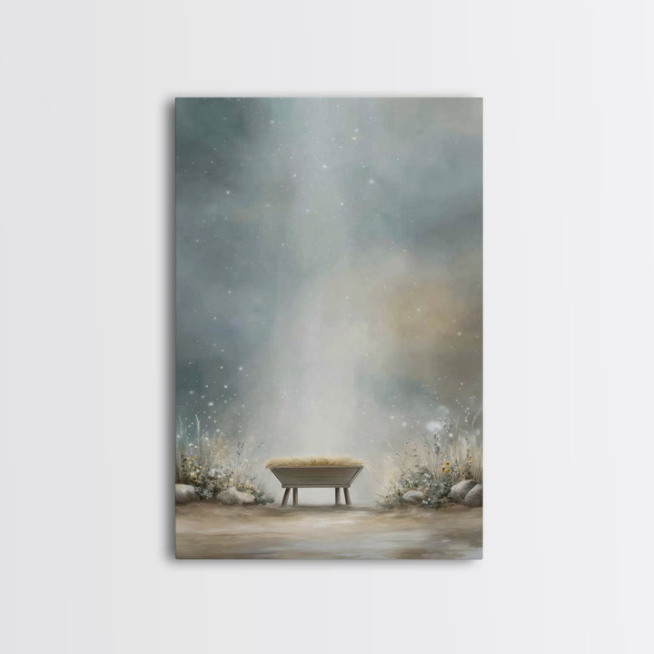 Heaven’s Gentle Cradle – Framed Canvas Print – Christmas Wall Art – Christian Christmas Art – Christian Art Canvas – White Christmas Art –