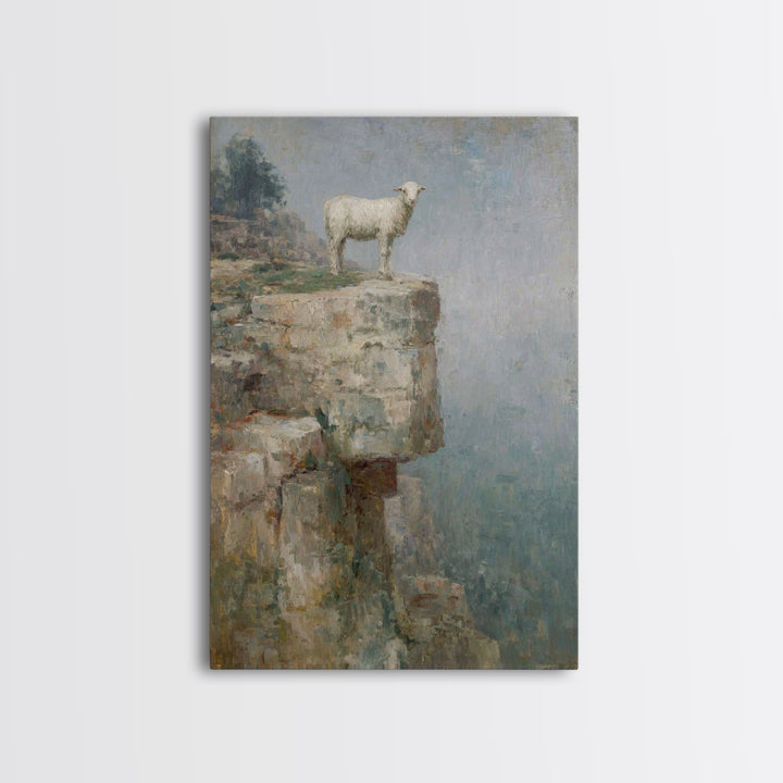Lone Cliff Lamb – Framed Canvas Print – Christian Wall Art – Christian Art Canvas – Pastoral Scenery – Christian Art Print – Subtle Christi