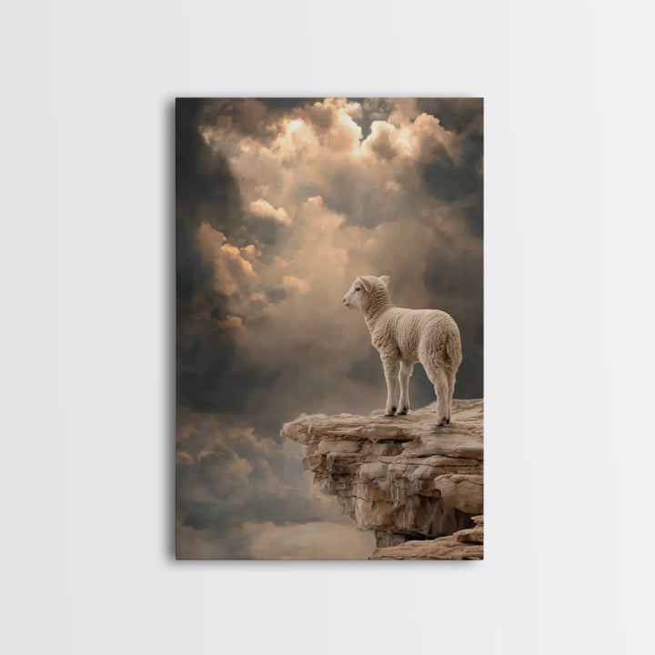 Quiet Summit Lamb, Framed Canvas Print, Christian Wall Art, Christian Art Canvas, Minimalist Christian Art, Christian Decor, Pastoral Scene