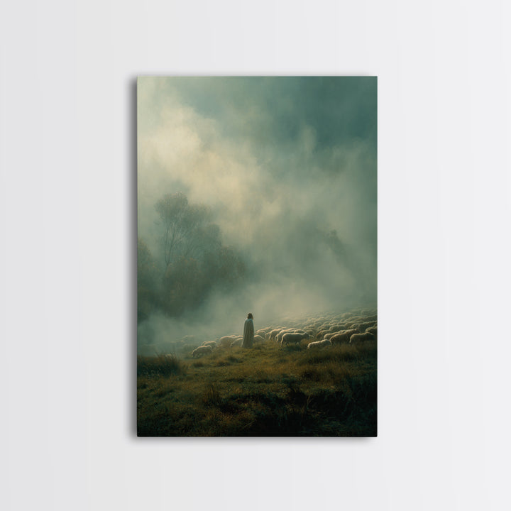 Guiding Shepherd – Framed Canvas Print – Christian Wall Art – Christian Art Canvas – Jesus Painting – Pastoral Scenery – Moody Christian Ar