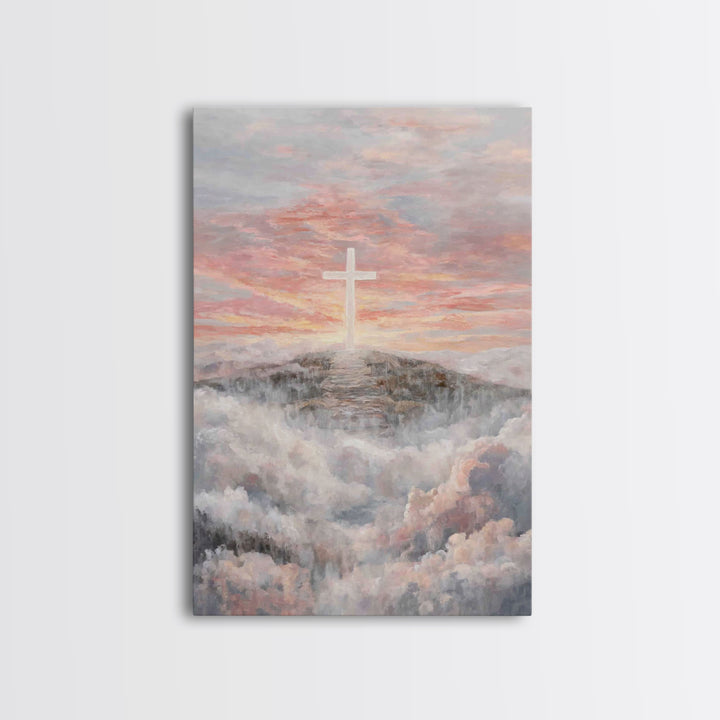 Hilltop Sunrise Cross, Framed Canvas Print, Christian Wall Art, Christian Art Print, Large Christian Painting, Christian Home Decor