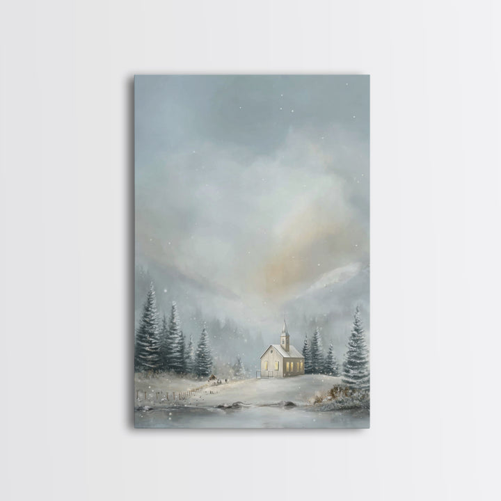Winter Chapel Light | Framed Canvas Print | Christmas Art Prints | Christian Wall Art | Christian Christmas Decor | Christian Art Canvas |