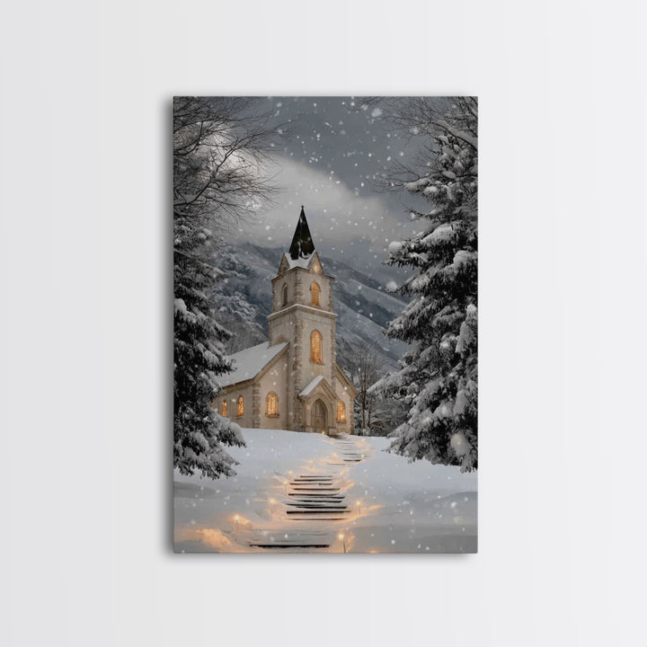 Snowfall Chapel – Framed Canvas Print – Christmas Wall Art – Christian Christmas Art – Framed Christmas Art – Christmas Art Work – Christia