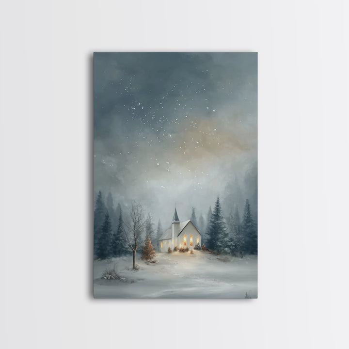 Starry Night Chapel – Framed Canvas Print – Christian Christmas Art – Christmas Canvas Wall Art – Framed Christmas Wall Art – Modern Christ