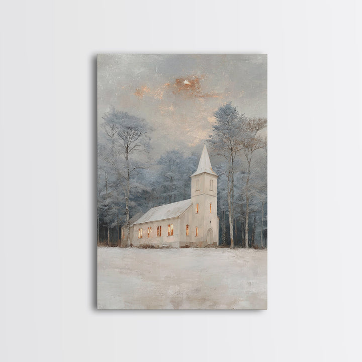 Frosted Chapel – Framed Canvas Print – Christian Wall Art – Christian Christmas Art – White Christmas Art – Christmas Canvas Wall Art – Chr