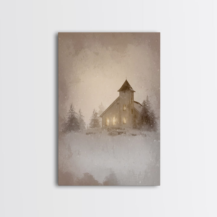 Silent Chapel Glow, Framed Canvas Print, Christian Wall Art, Christian Art Canvas, Christmas Art, Christian Holiday Art
