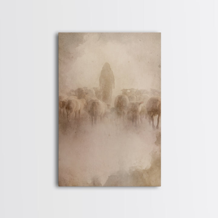 Shepherd In Haze | Framed Canvas Print | Christian Wall Art | Jesus Painting | Christian Art Canvas | Vintage Christian Art
